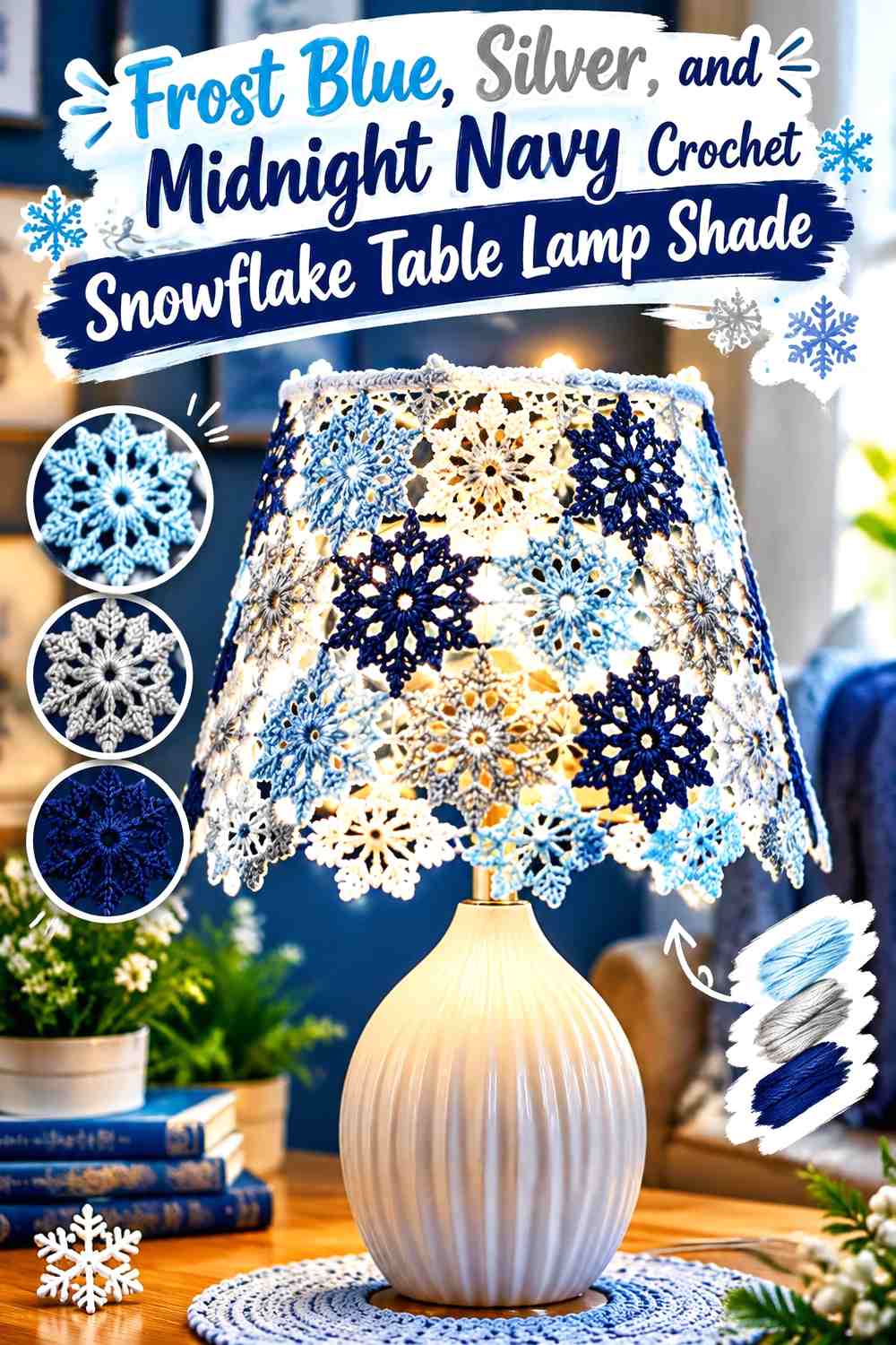 Frost Blue, Silver, and Midnight Navy Crochet Snowflake Table Lamp Shade
