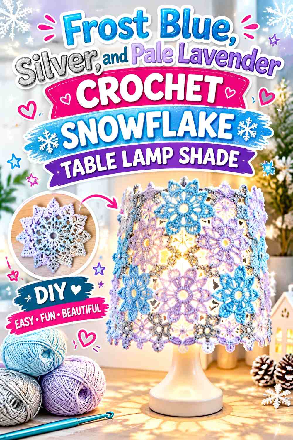 Frost Blue, Silver, and Pale Lavender Crochet Snowflake Table Lamp Shade