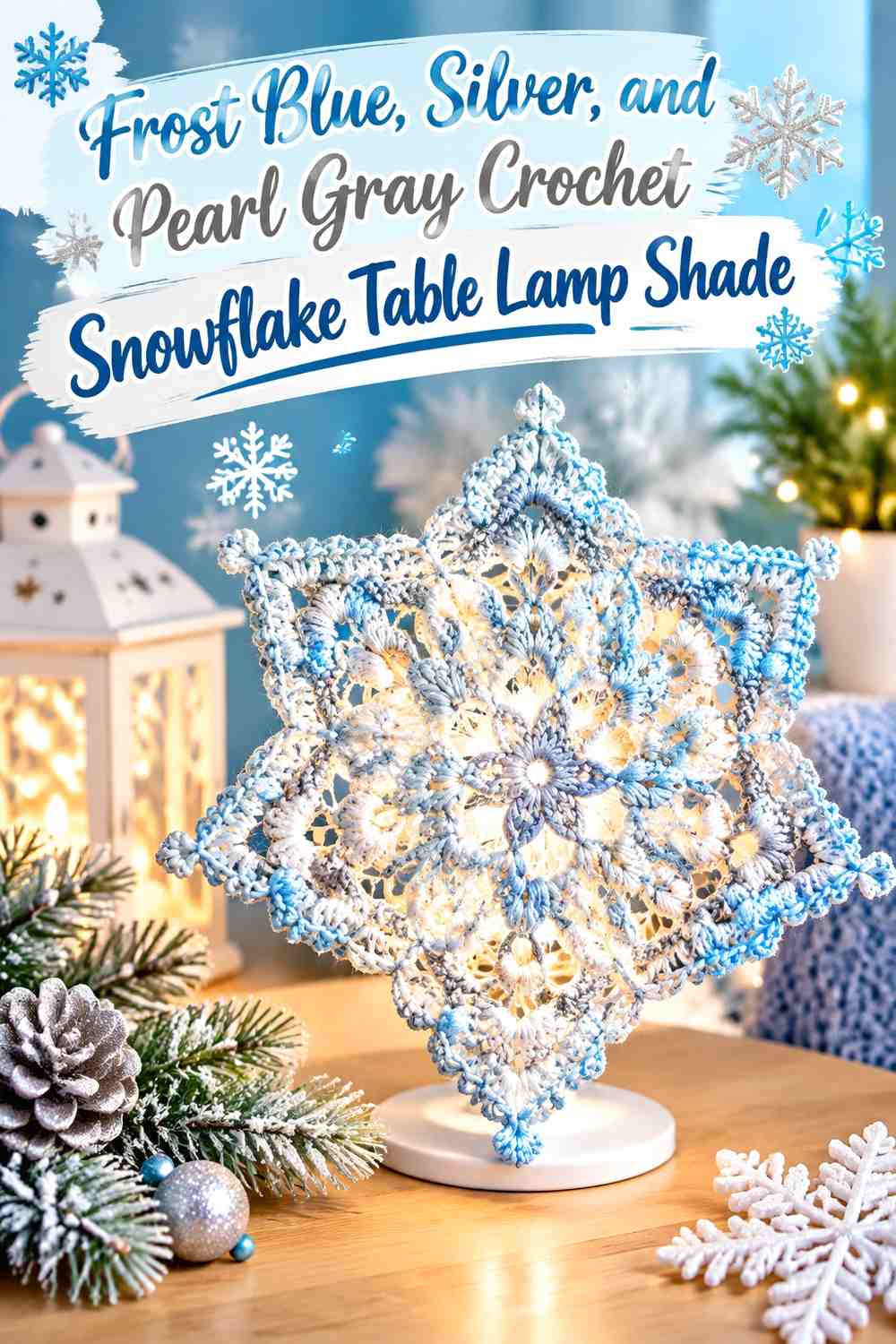 Frost Blue, Silver, and Pearl Gray Crochet Snowflake Table Lamp Shade