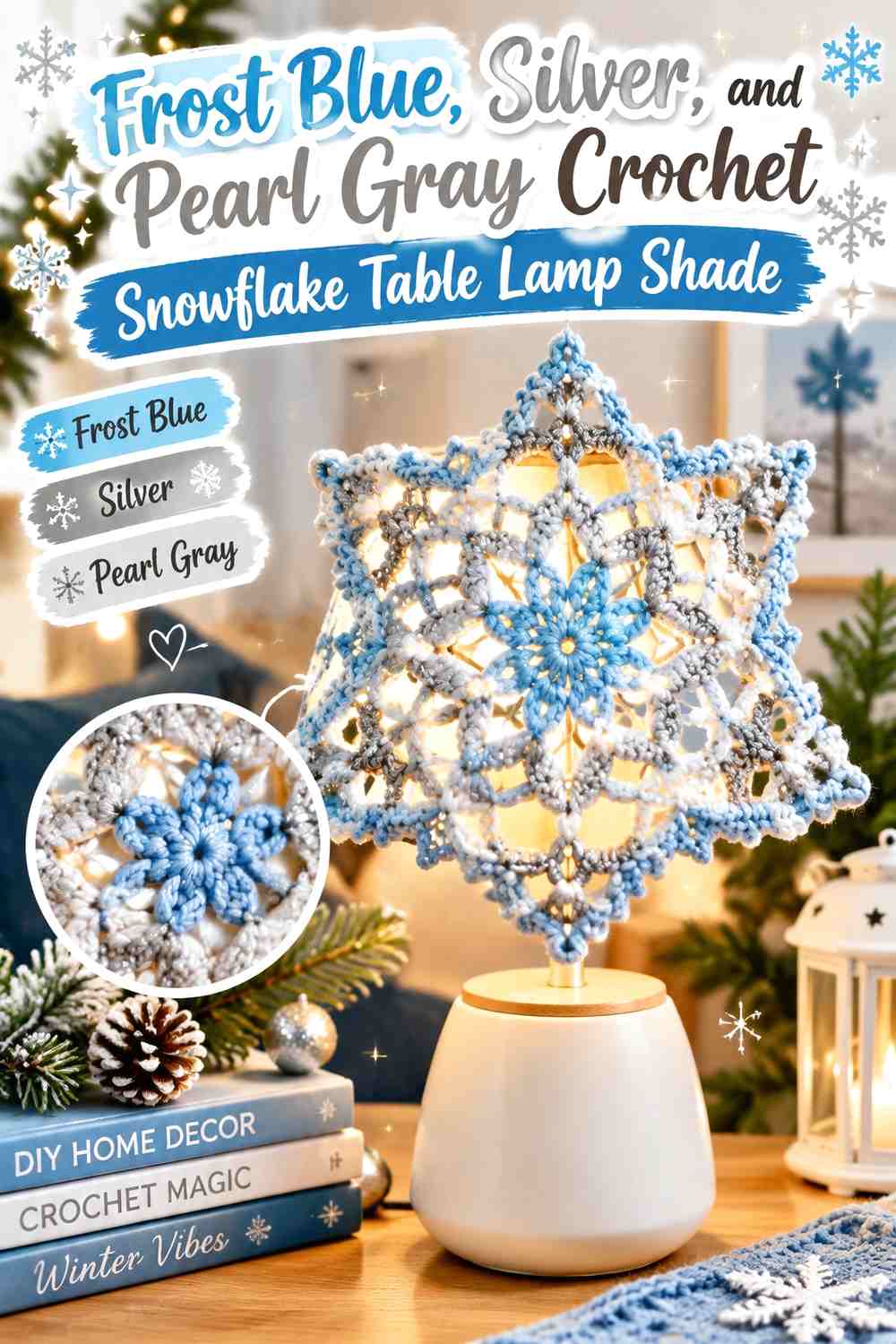 Frost Blue, Silver, and Pearl Gray Crochet Snowflake Table Lamp Shade