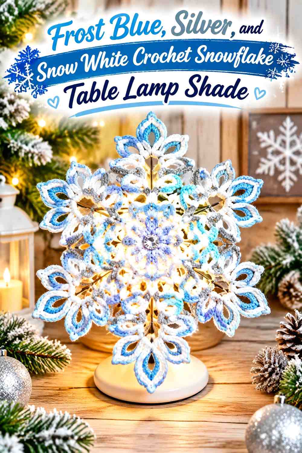 Frost Blue, Silver, and Snow White Crochet Snowflake Table Lamp Shade
