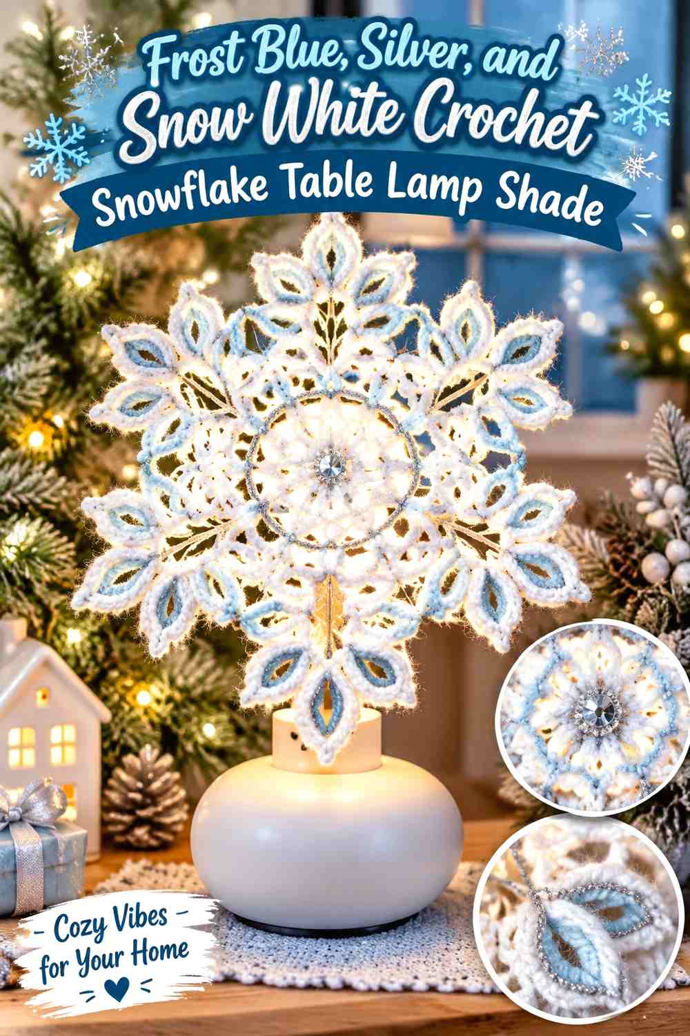 Frost Blue, Silver, and Snow White Crochet Snowflake Table Lamp Shade