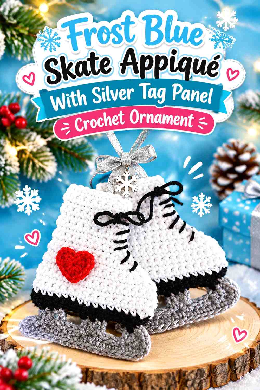 Frost Blue Skate Appliqué With Silver Tag Panel Crochet Ornament