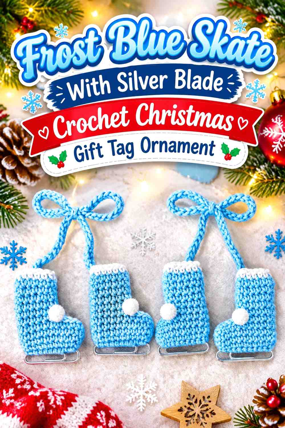 Frost Blue Skate With Silver Blade Crochet Christmas Gift Tag Ornament