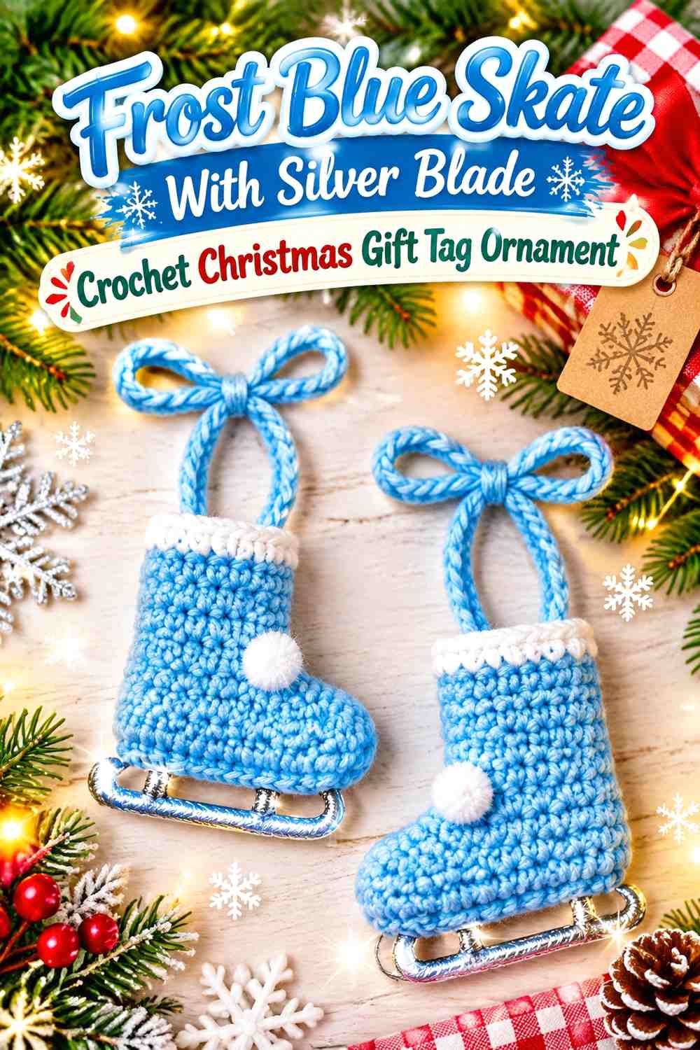 Frost Blue Skate With Silver Blade Crochet Christmas Gift Tag Ornament