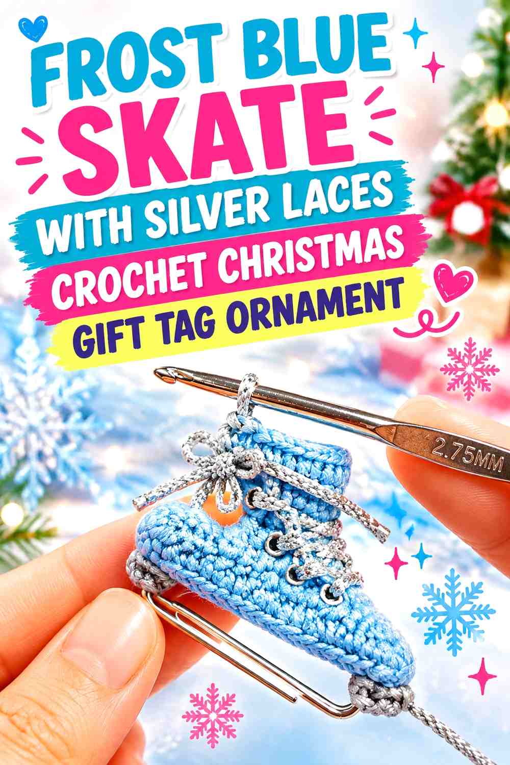 Frost Blue Skate With Silver Laces Crochet Christmas Gift Tag Ornament