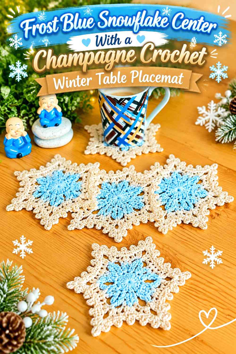 Frost Blue Snowflake Center With a Champagne Crochet Winter Table Placemat