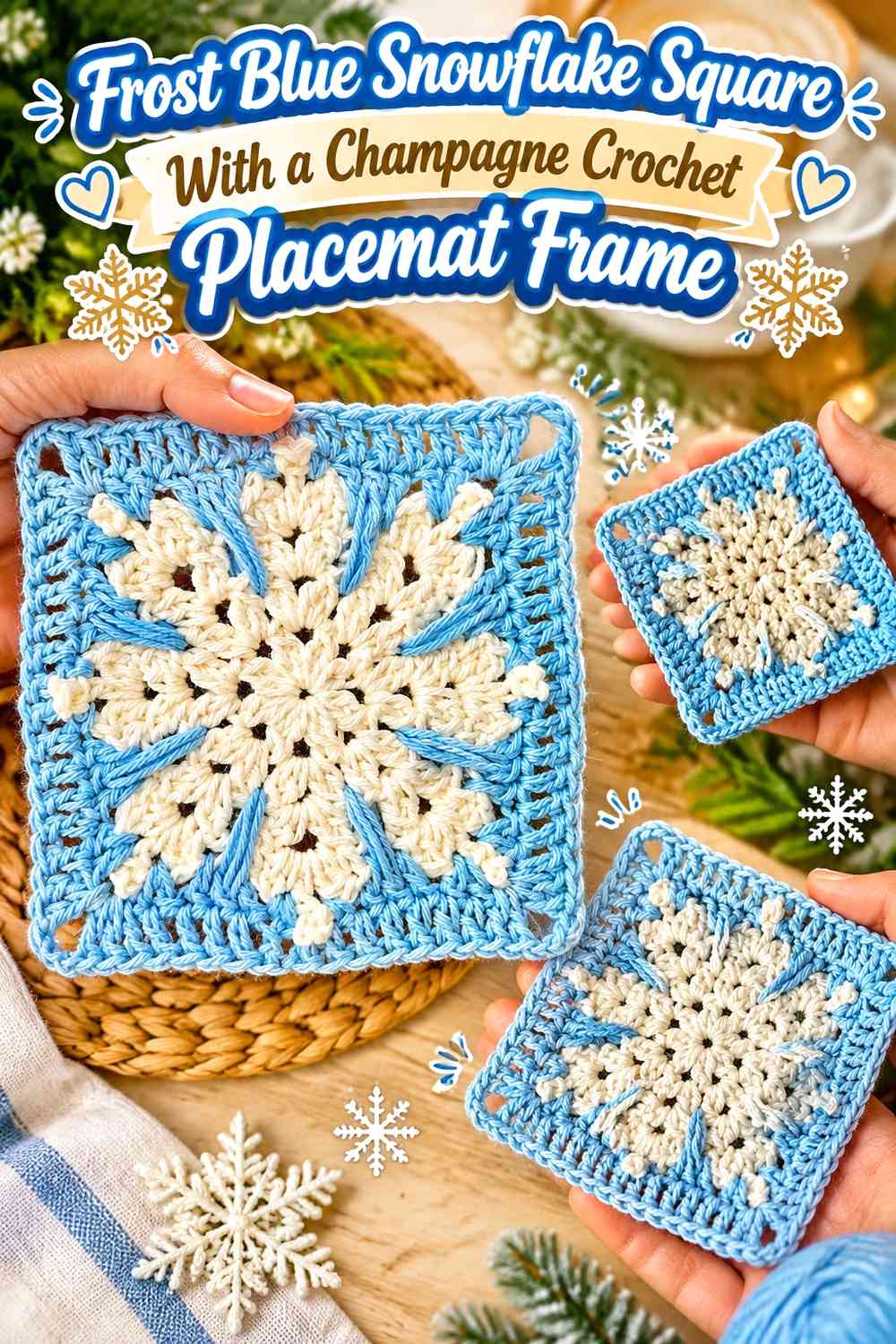 Frost Blue Snowflake Square With a Champagne Crochet Placemat Frame