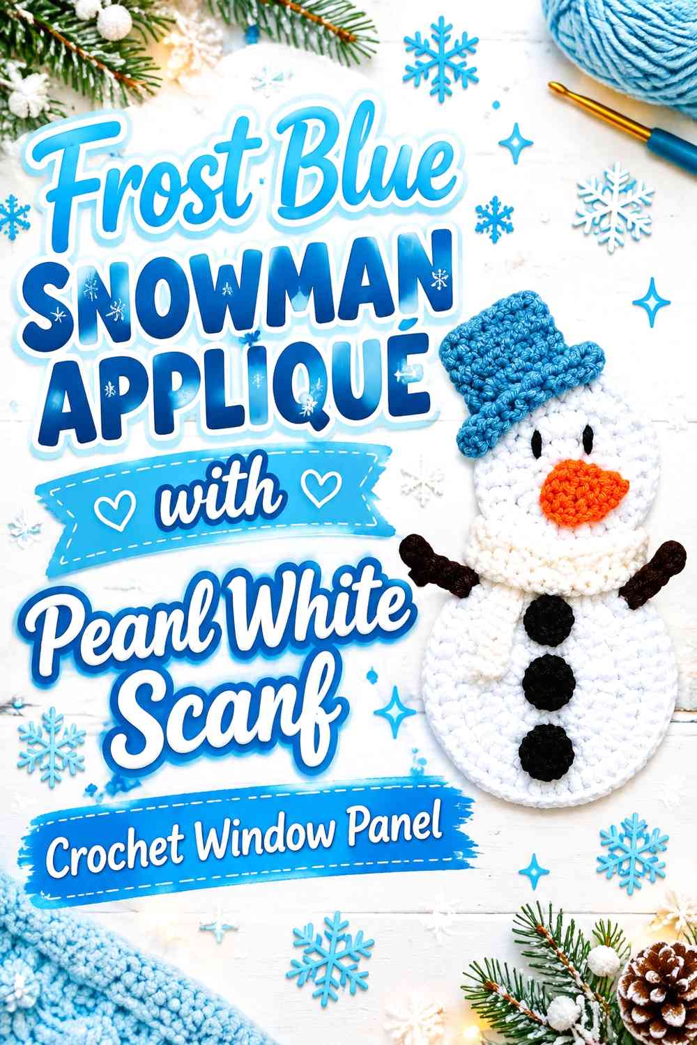 Frost Blue Snowman Appliqué with Pearl White Scarf Crochet Window Panel
