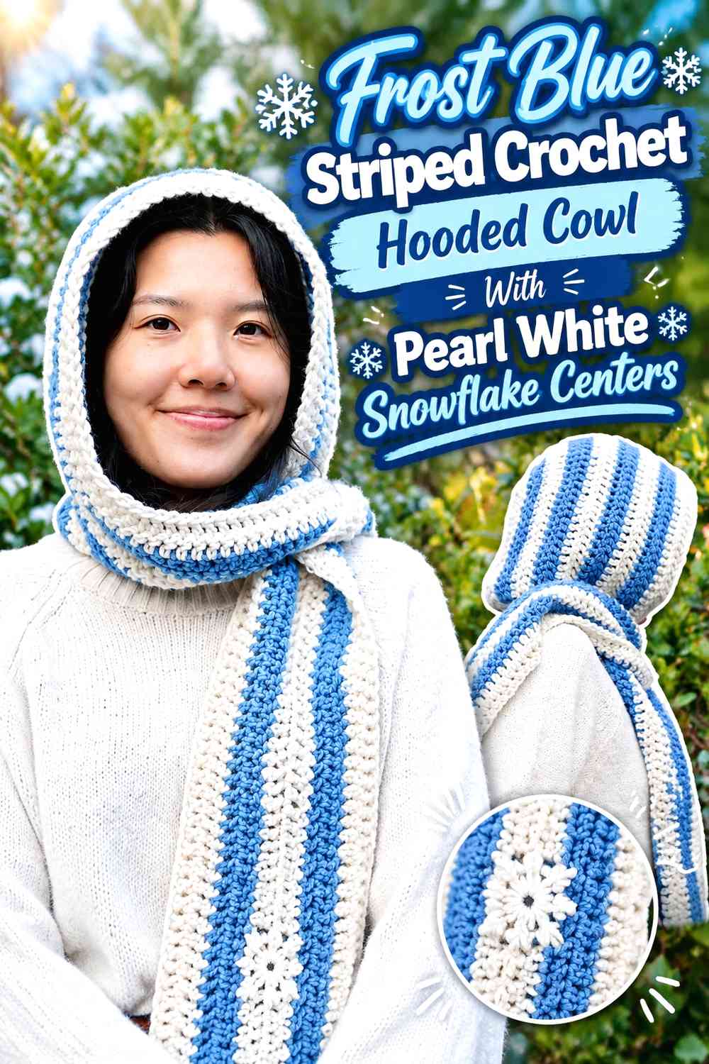 Frost Blue Striped Crochet Hooded Cowl With Pearl White Snowflake Centers
