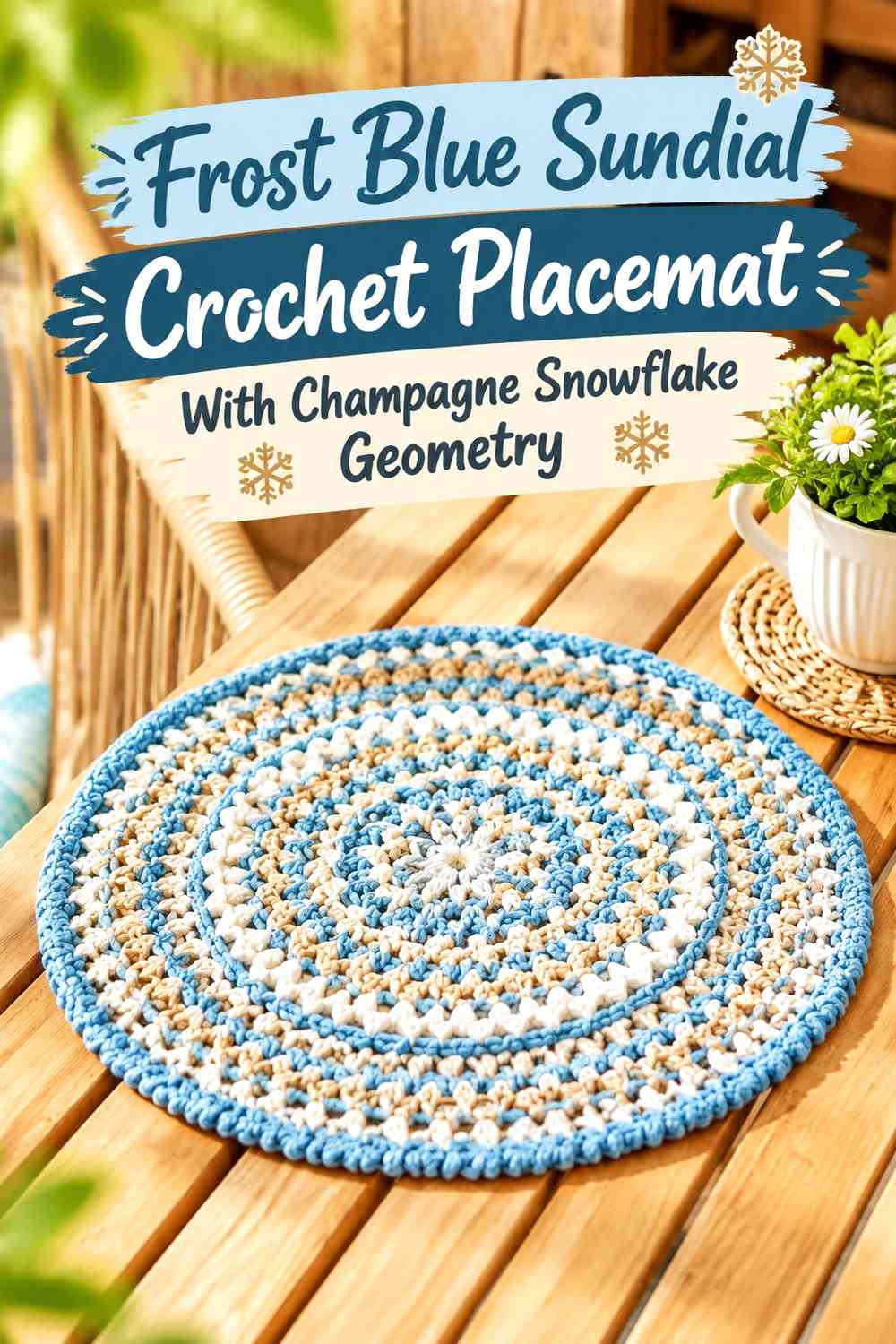 Frost Blue Sundial Crochet Placemat With Champagne Snowflake Geometry