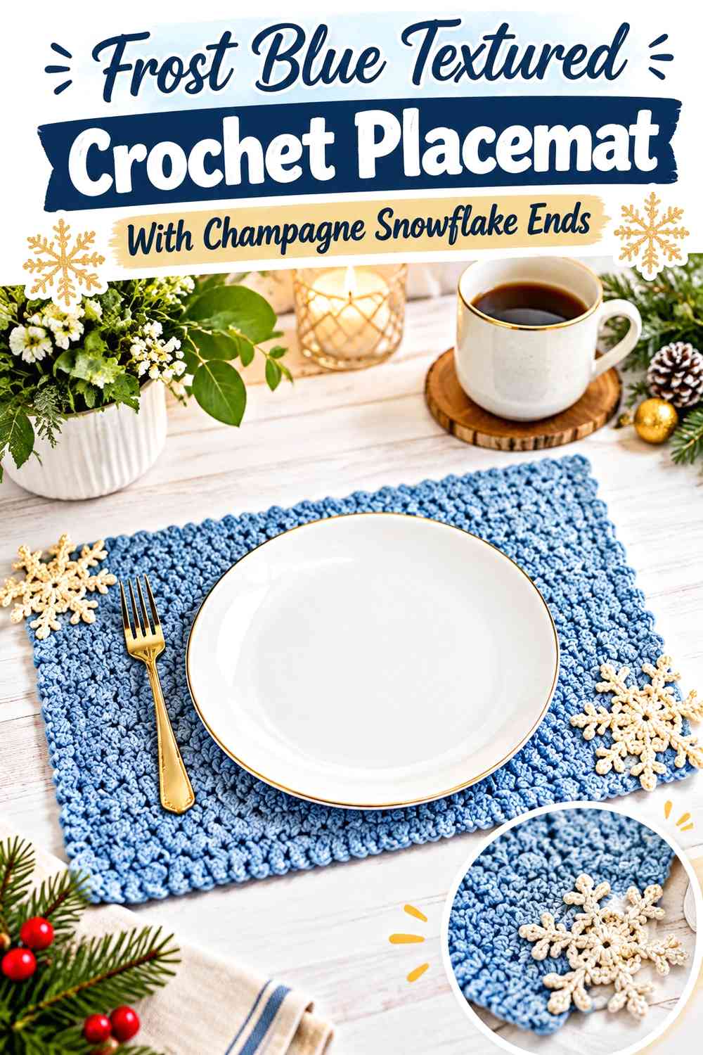 Frost Blue Textured Crochet Placemat With Champagne Snowflake Ends