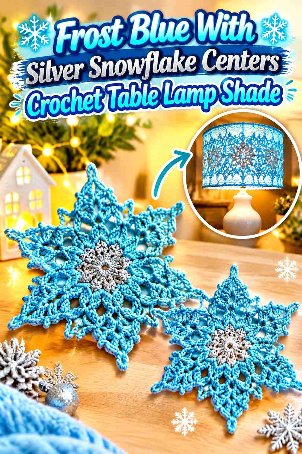 Frost Blue With Silver Snowflake Centers Crochet Table Lamp Shade