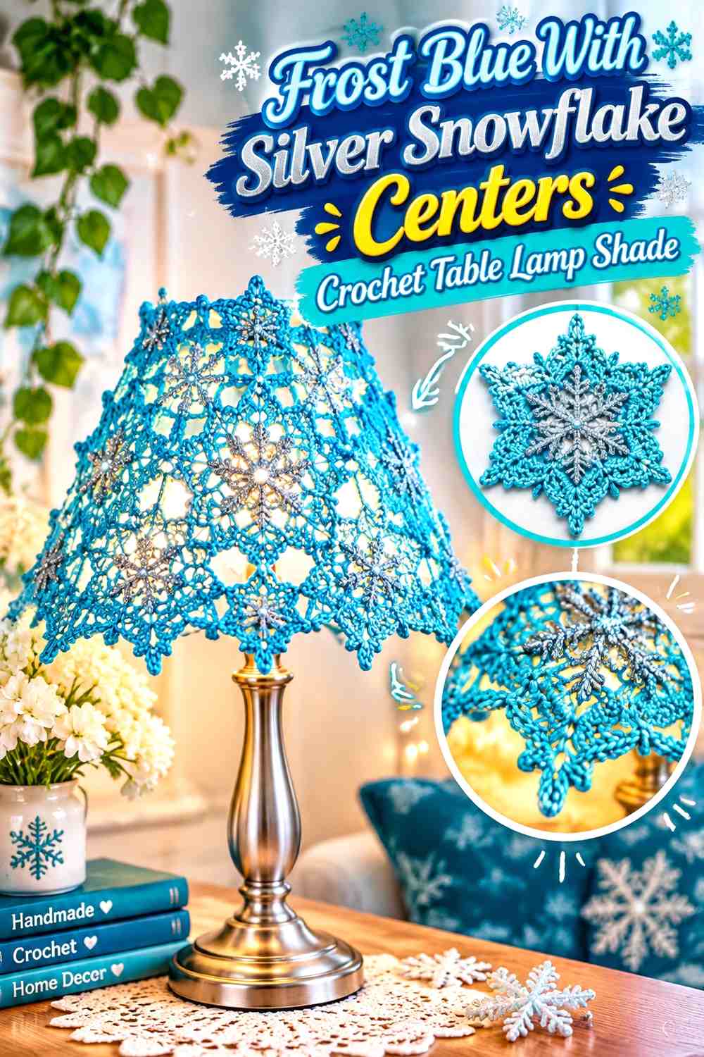Frost Blue With Silver Snowflake Centers Crochet Table Lamp Shade
