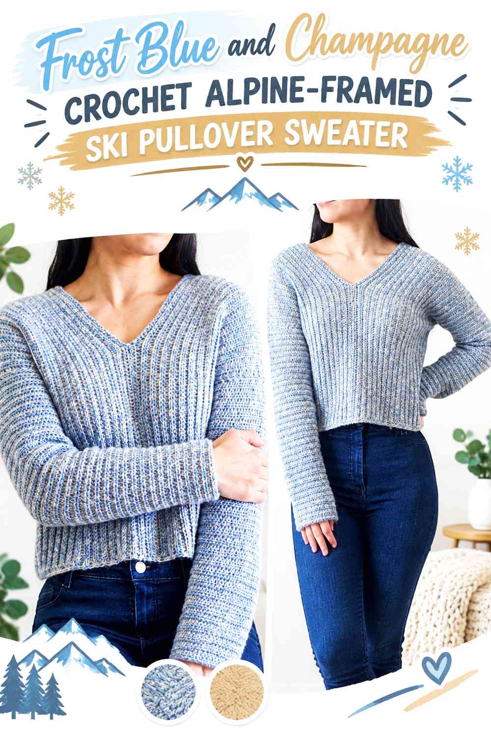 Frost Blue and Champagne Crochet Alpine-Framed Ski Pullover Sweater
