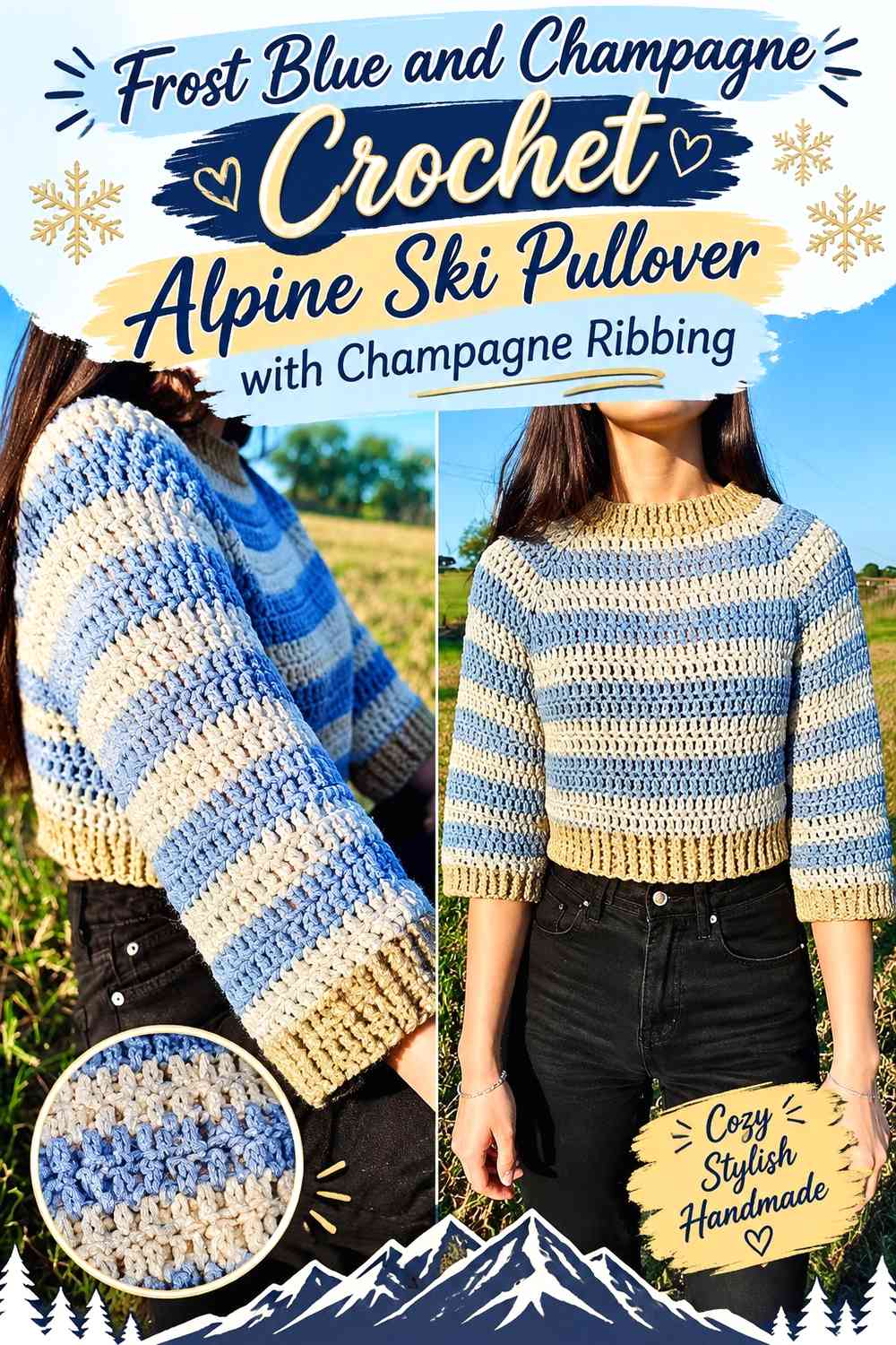 Frost Blue and Champagne Crochet Alpine Ski Pullover with Champagne Ribbing