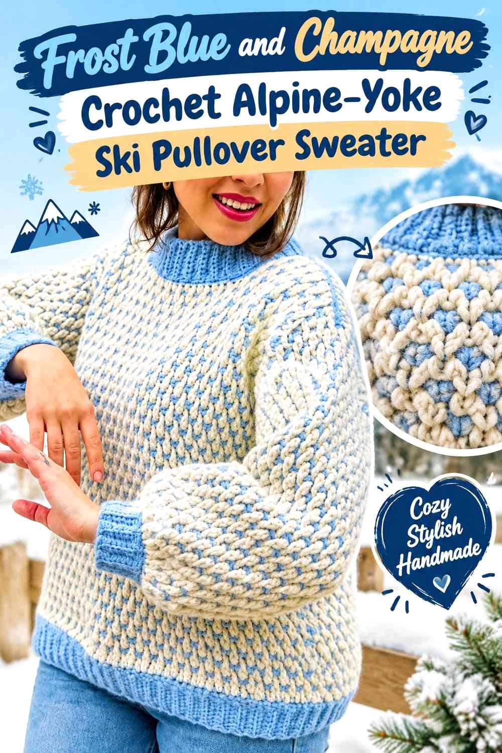 Frost Blue and Champagne Crochet Alpine-Yoke Ski Pullover Sweater