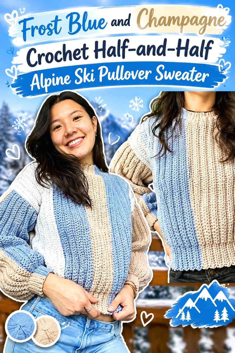 Frost Blue and Champagne Crochet Half-and-Half Alpine Ski Pullover Sweater