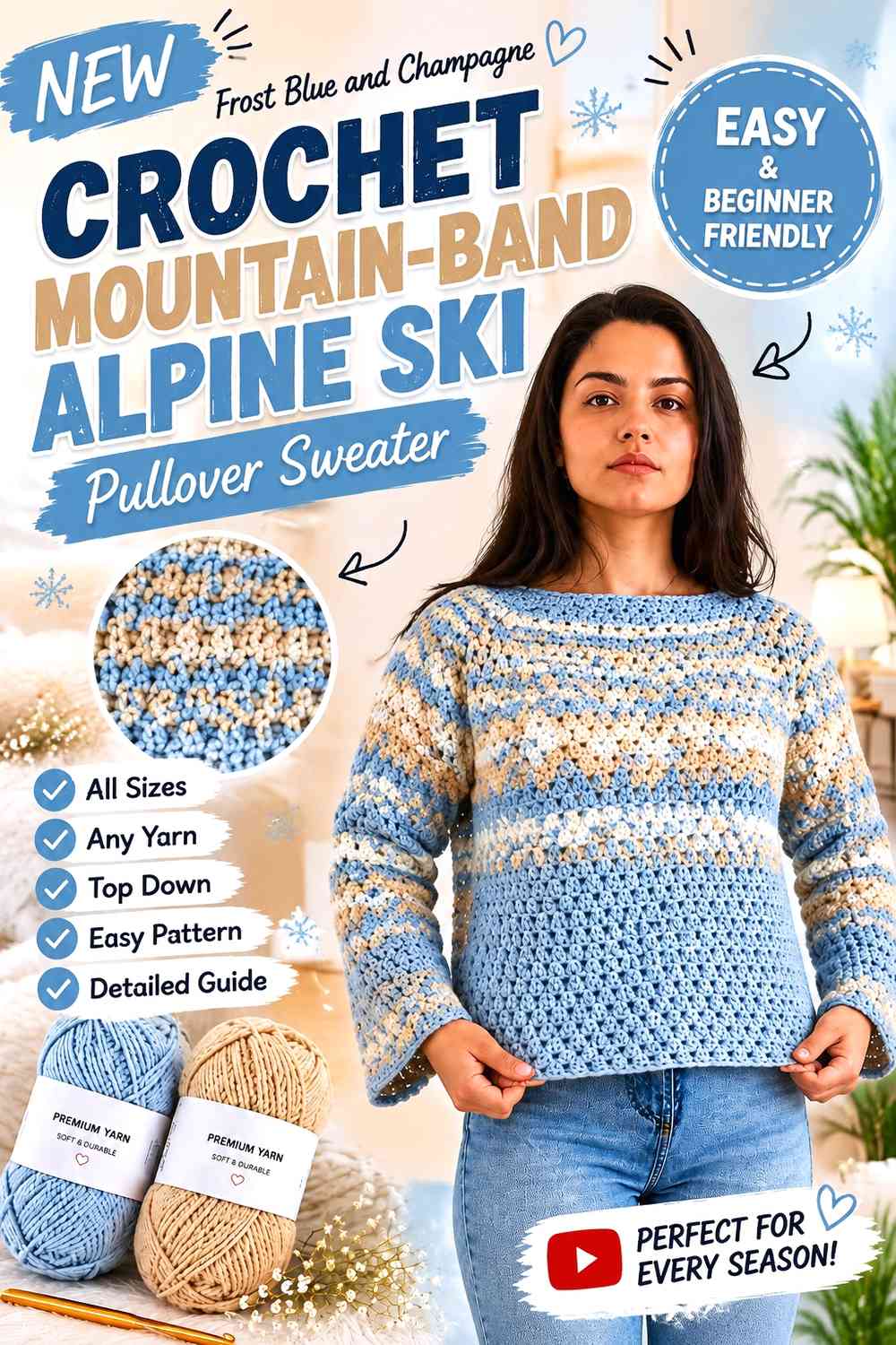 Frost Blue and Champagne Crochet Mountain-Band Alpine Ski Pullover Sweater