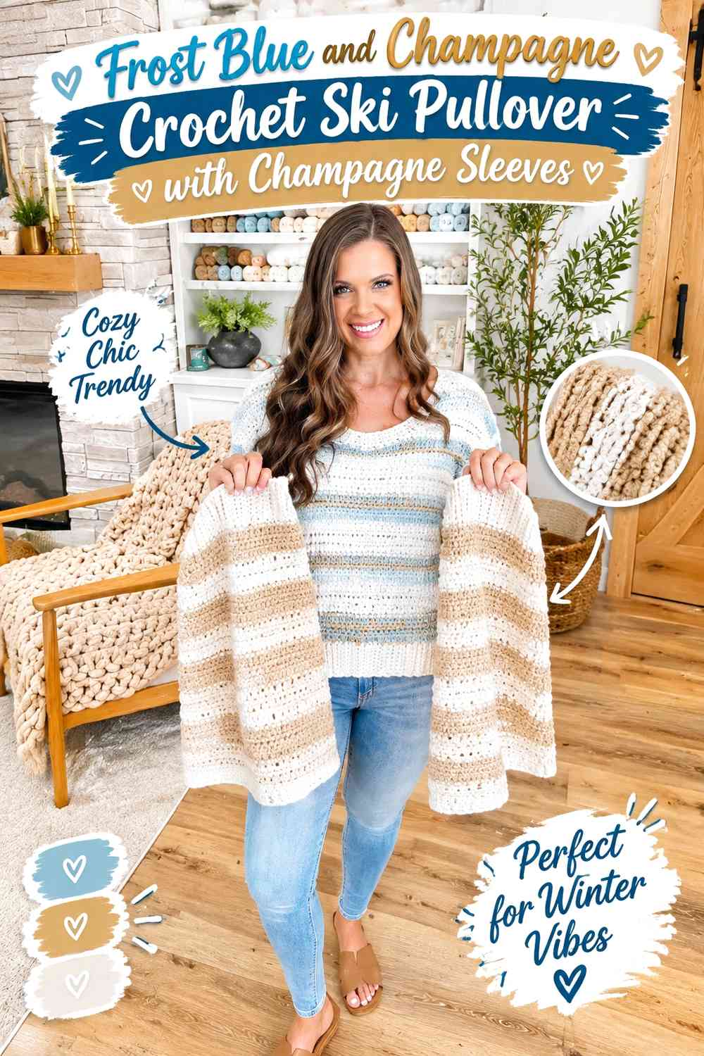 Frost Blue and Champagne Crochet Ski Pullover with Champagne Sleeves