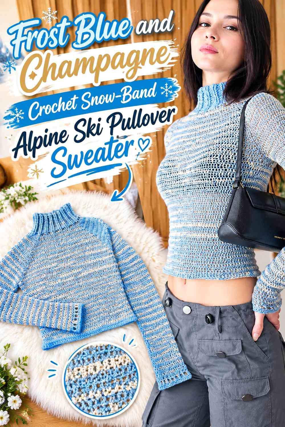 Frost Blue and Champagne Crochet Snow-Band Alpine Ski Pullover Sweater