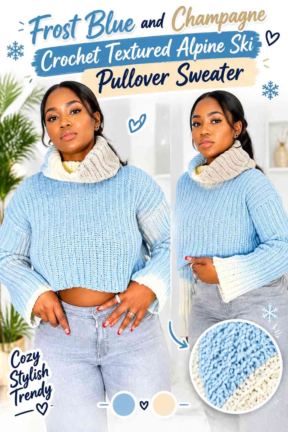 Frost Blue and Champagne Crochet Textured Alpine Ski Pullover Sweater