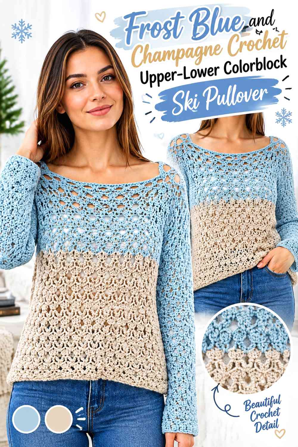 Frost Blue and Champagne Crochet Upper-Lower Colorblock Ski Pullover