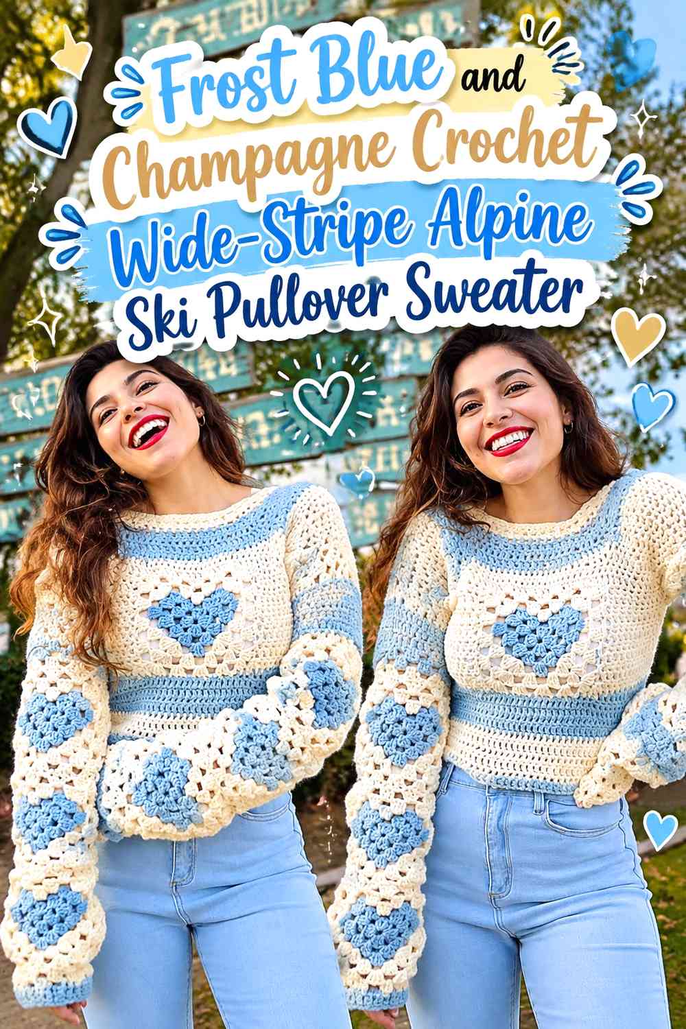 Frost Blue and Champagne Crochet Wide-Stripe Alpine Ski Pullover Sweater