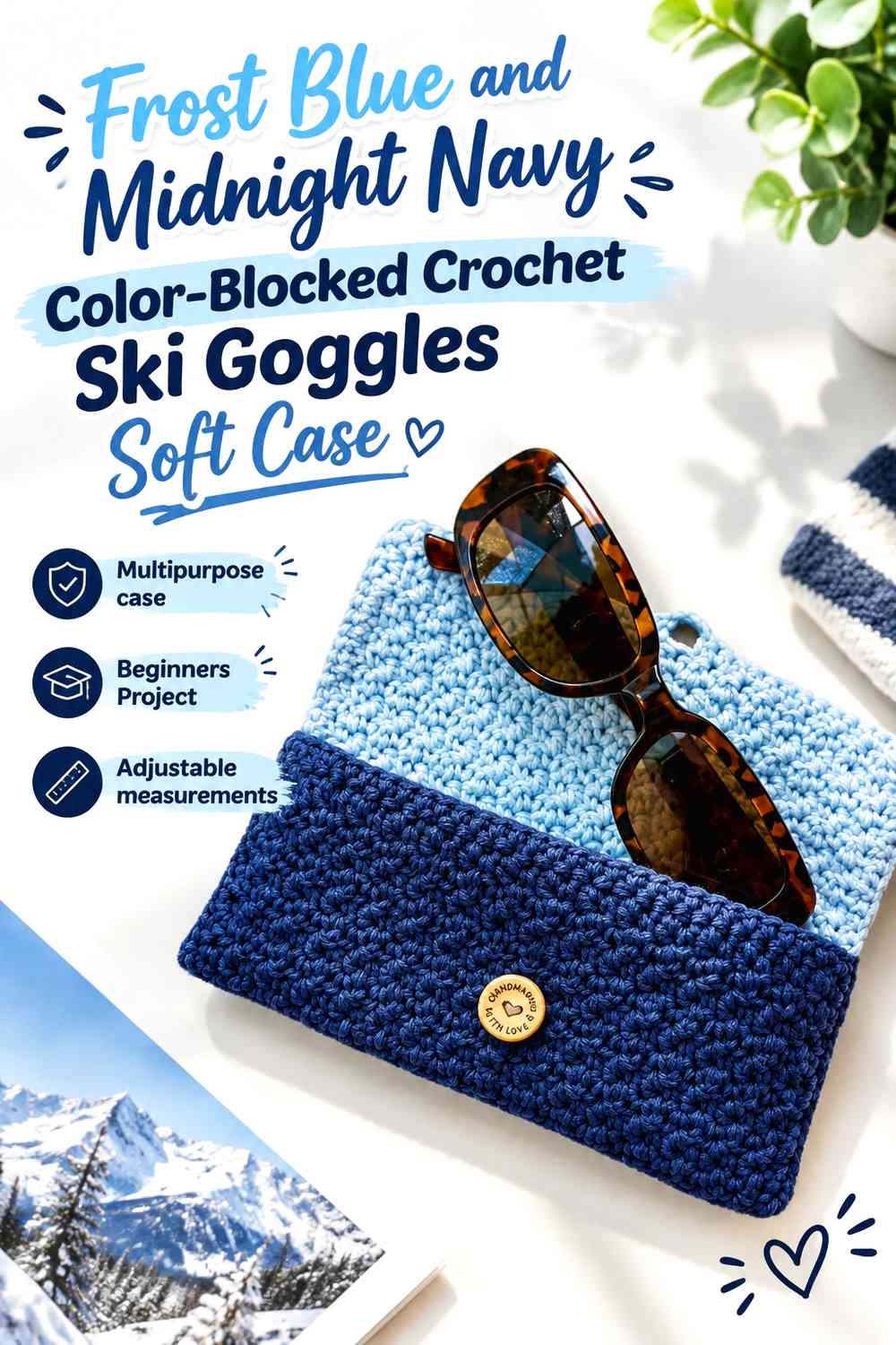 Frost Blue and Midnight Navy Color-Blocked Crochet Ski Goggles Soft Case