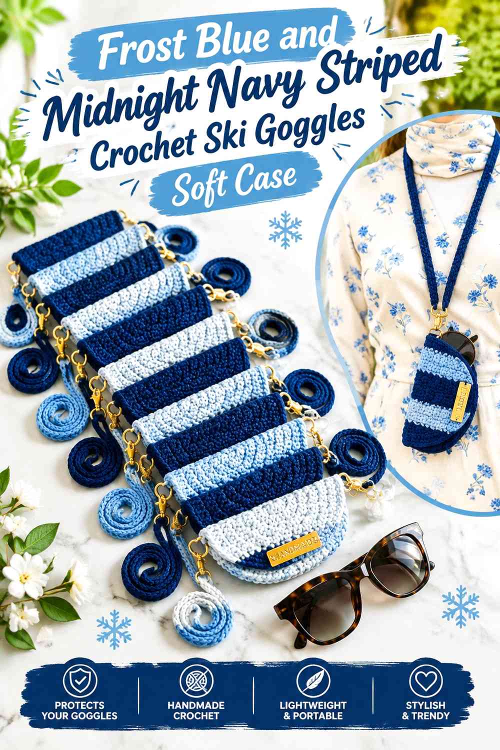 Frost Blue and Midnight Navy Striped Crochet Ski Goggles Soft Case