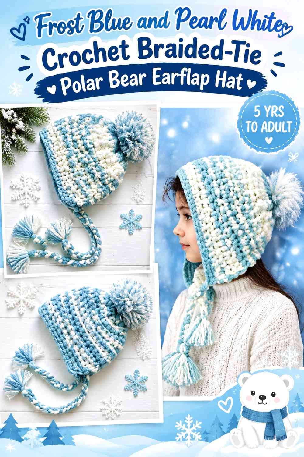 Frost Blue and Pearl White Crochet Braided-Tie Polar Bear Earflap Hat