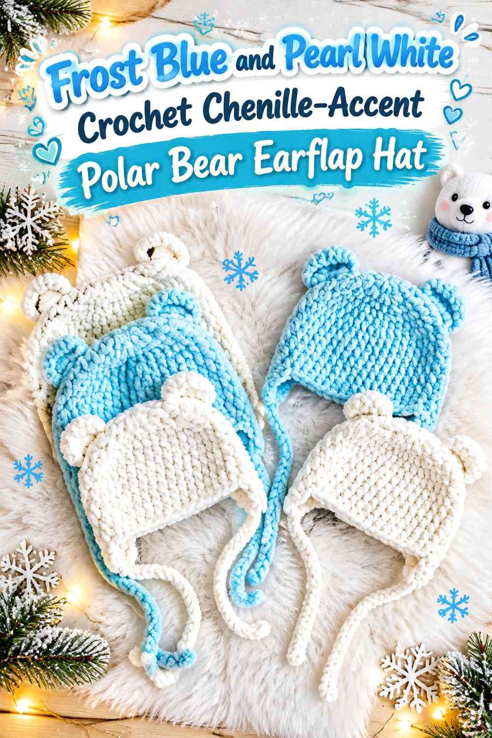 Frost Blue and Pearl White Crochet Chenille-Accent Polar Bear Earflap Hat