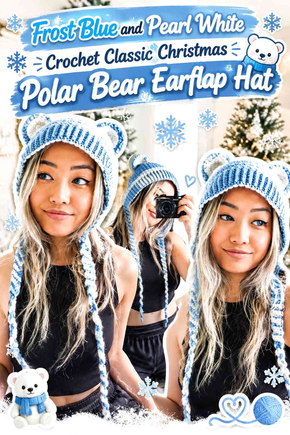 Frost Blue and Pearl White Crochet Classic Christmas Polar Bear Earflap Hat