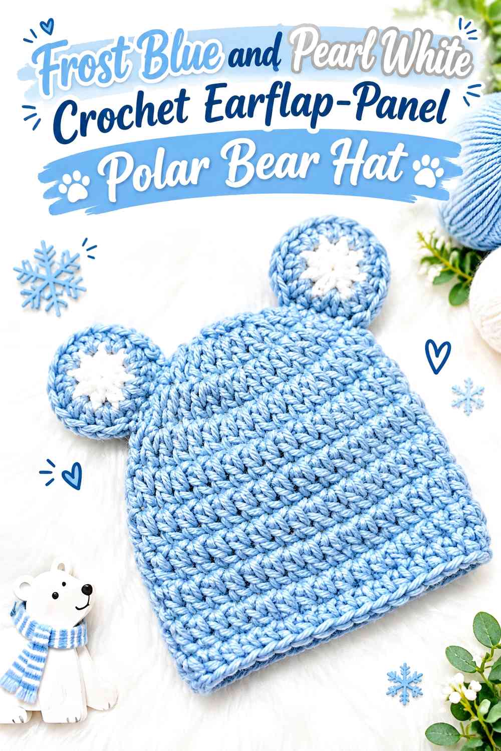 Frost Blue and Pearl White Crochet Earflap-Panel Polar Bear Hat