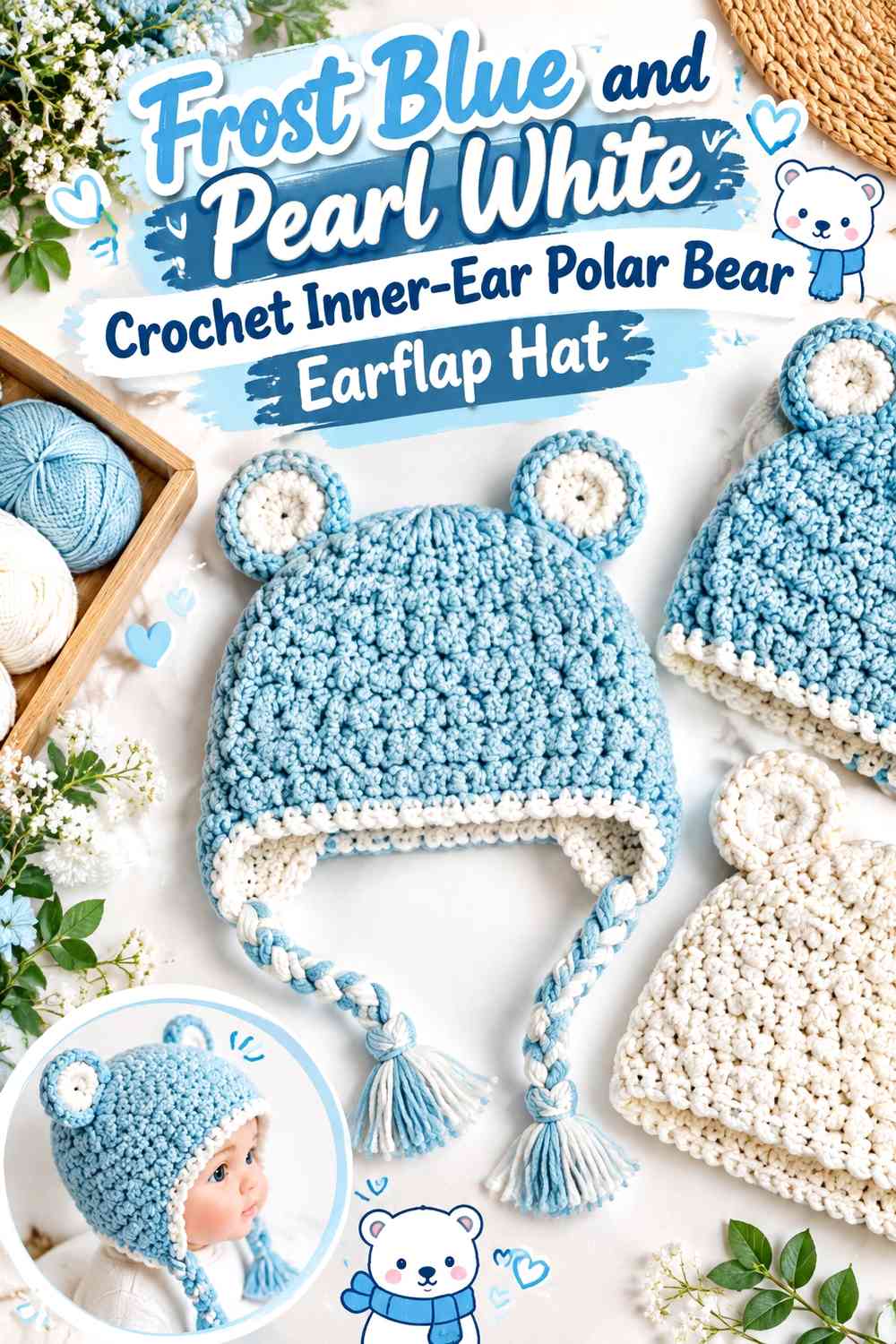 Frost Blue and Pearl White Crochet Inner-Ear Polar Bear Earflap Hat