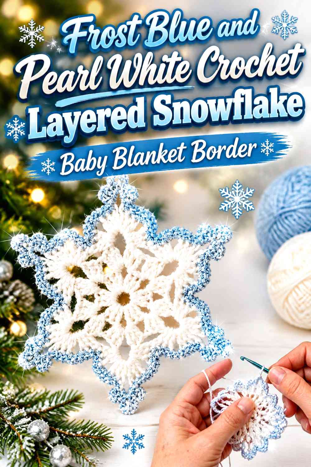 Frost Blue and Pearl White Crochet Layered Snowflake Baby Blanket Border