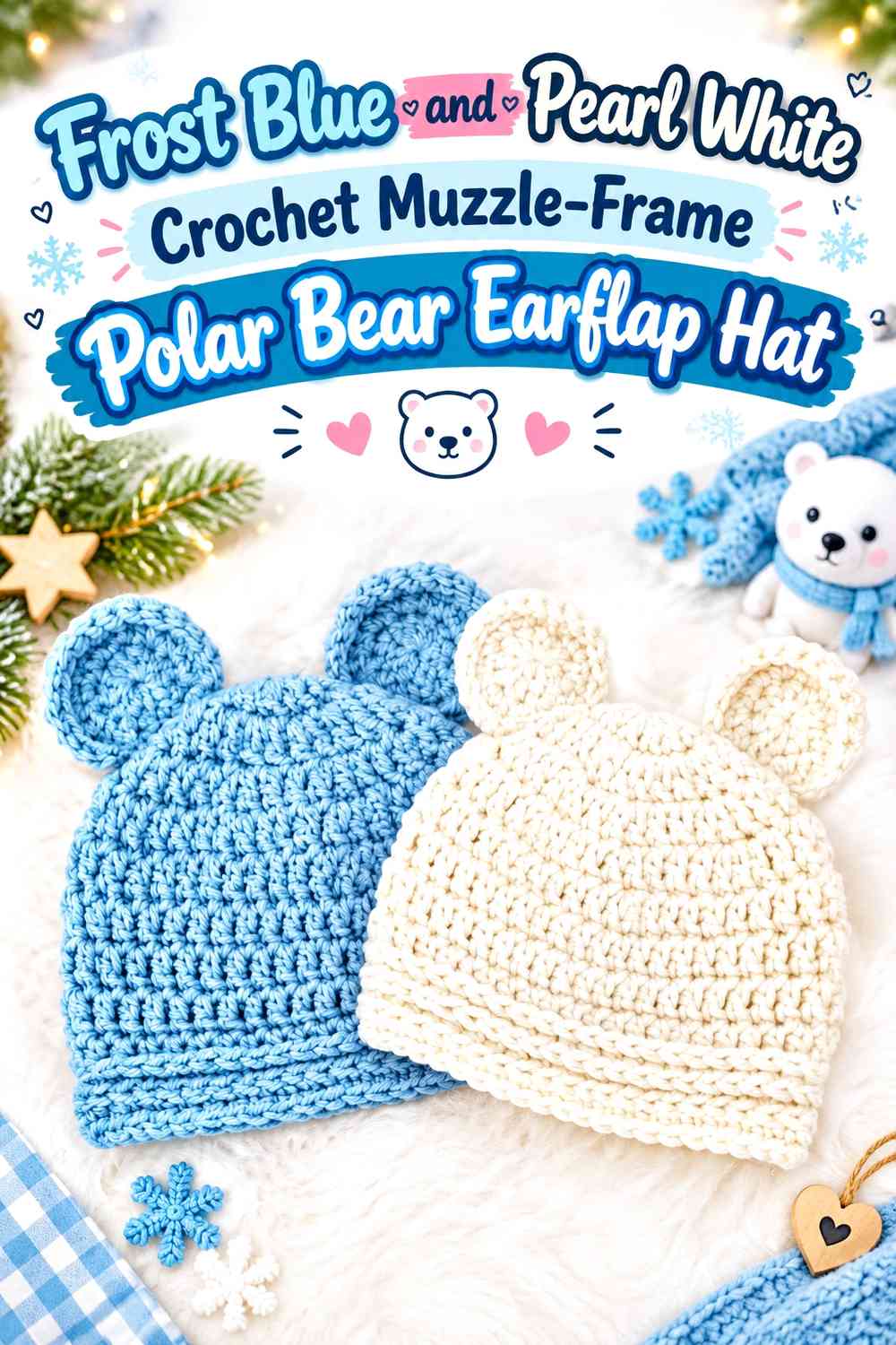 Frost Blue and Pearl White Crochet Muzzle-Frame Polar Bear Earflap Hat
