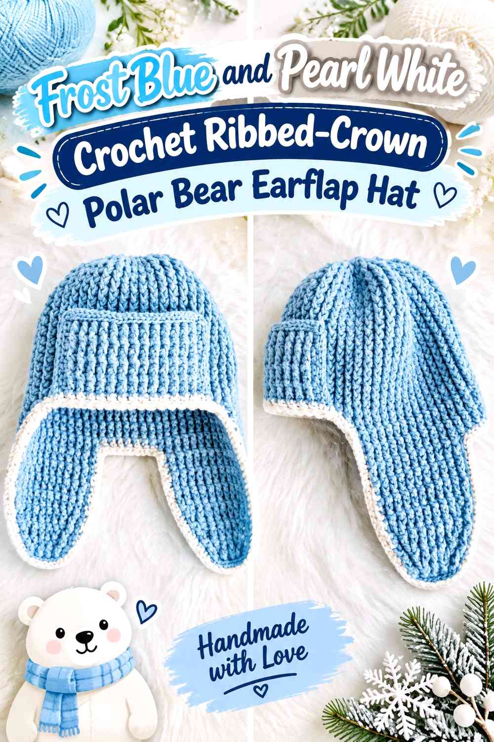 Frost Blue and Pearl White Crochet Ribbed-Crown Polar Bear Earflap Hat