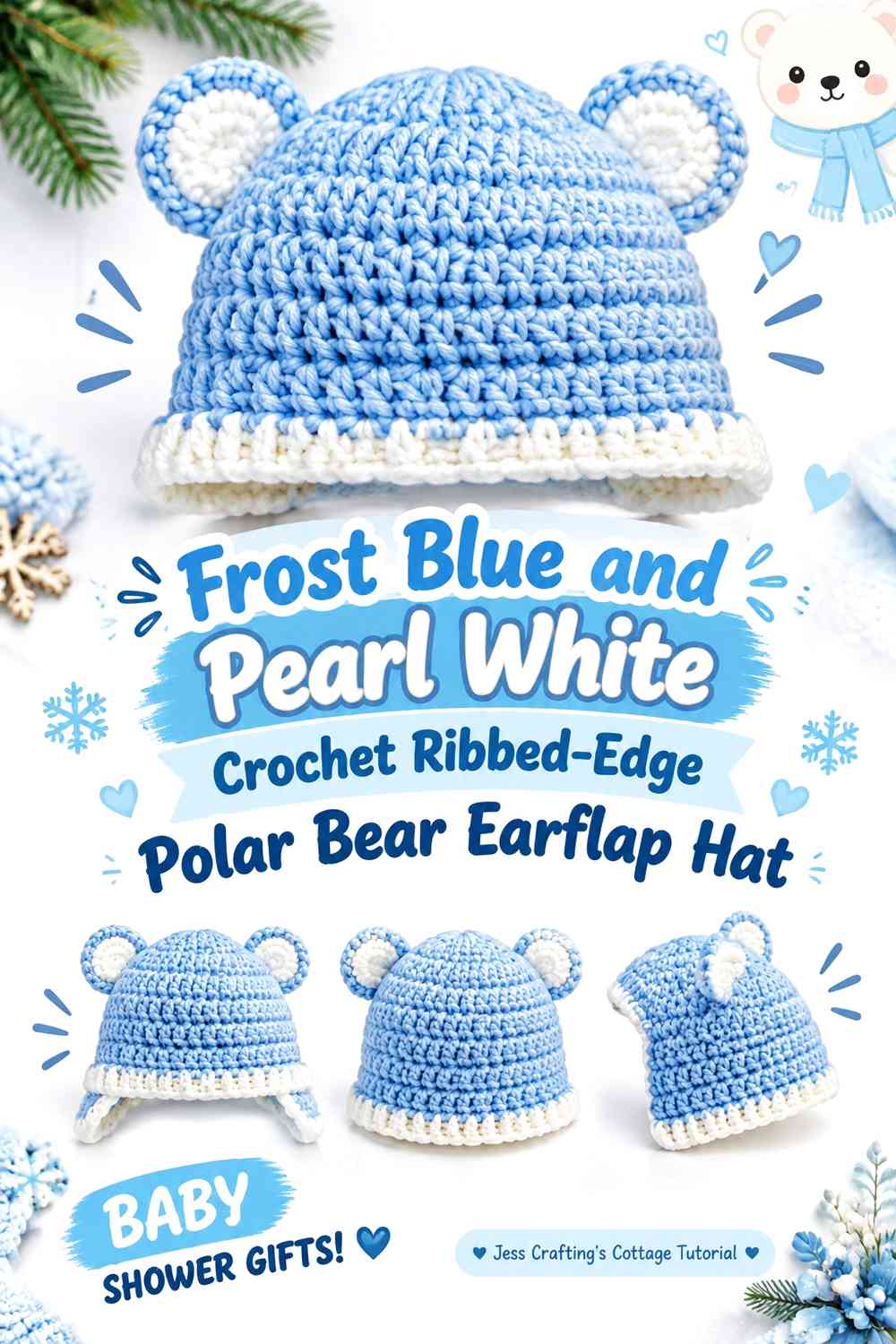 Frost Blue and Pearl White Crochet Ribbed-Edge Polar Bear Earflap Hat