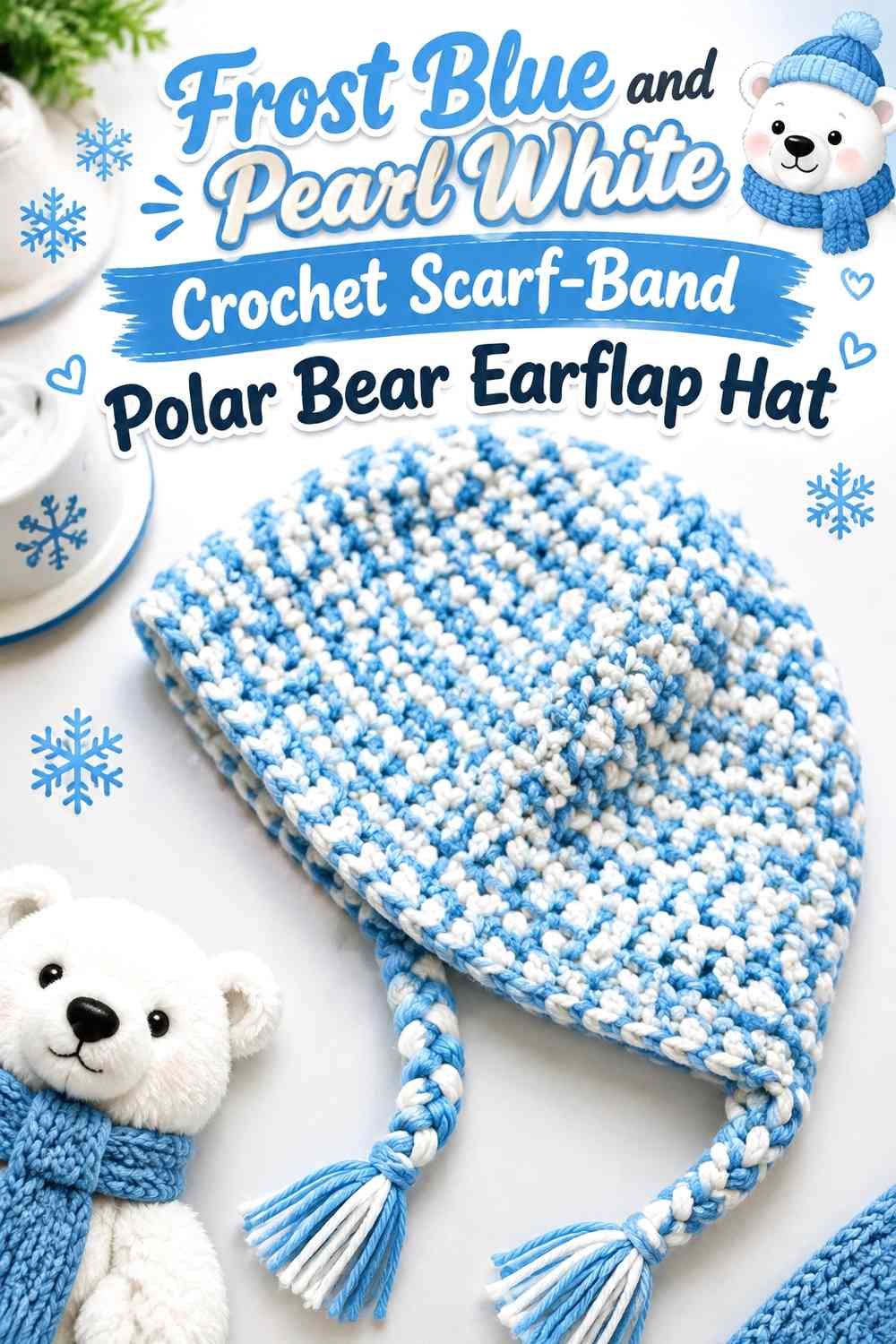 Frost Blue and Pearl White Crochet Scarf-Band Polar Bear Earflap Hat