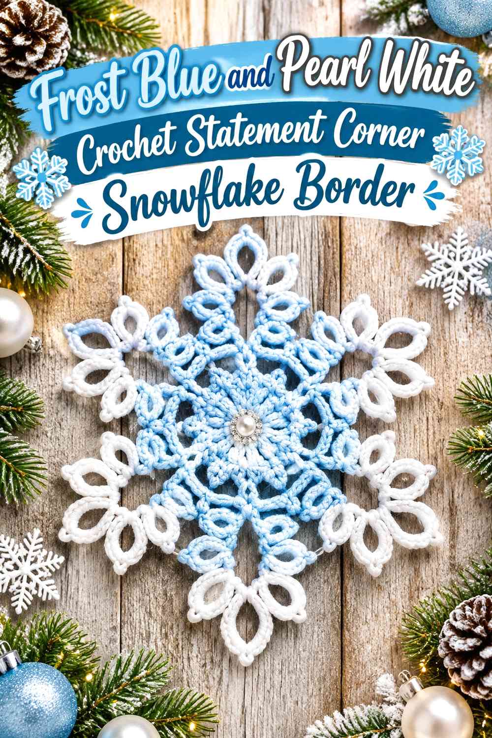 Frost Blue and Pearl White Crochet Statement Corner Snowflake Border