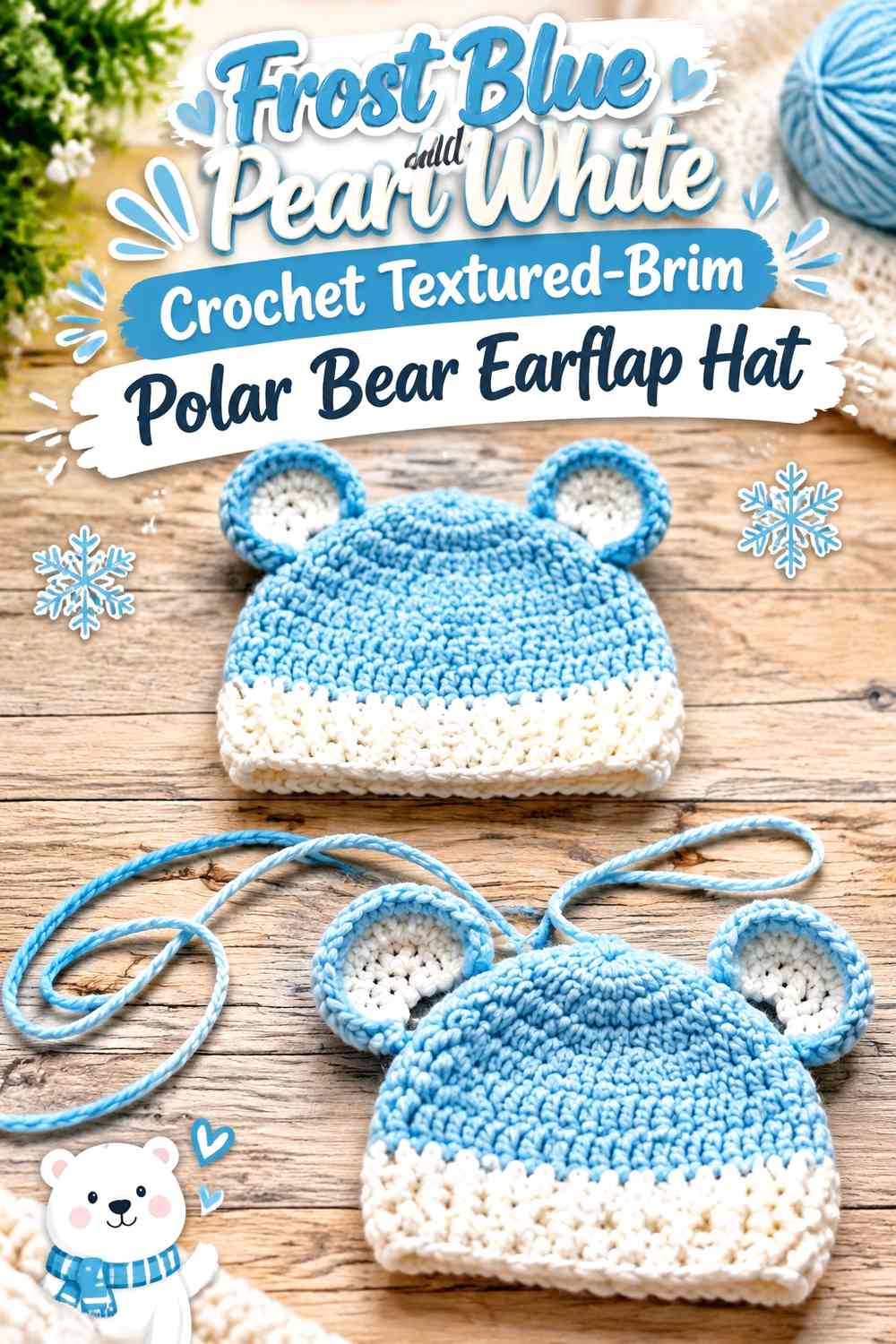 Frost Blue and Pearl White Crochet Textured-Brim Polar Bear Earflap Hat