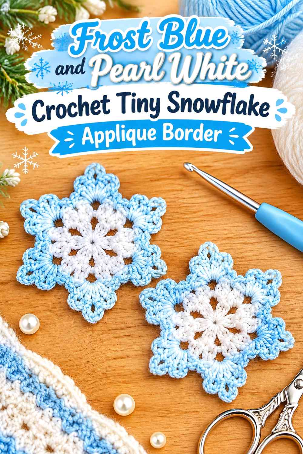 Frost Blue and Pearl White Crochet Tiny Snowflake Applique Border