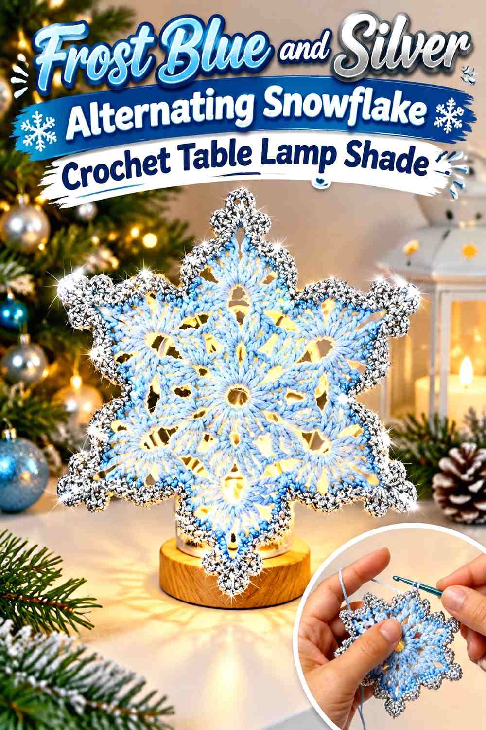 Frost Blue and Silver Alternating Snowflake Crochet Table Lamp Shade
