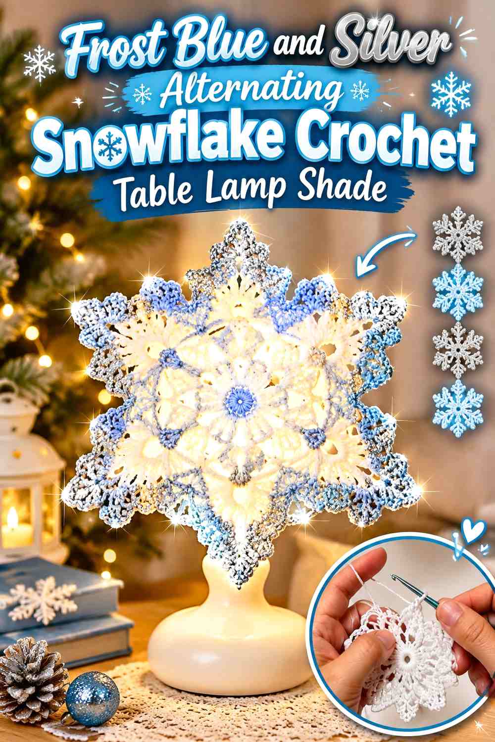 Frost Blue and Silver Alternating Snowflake Crochet Table Lamp Shade