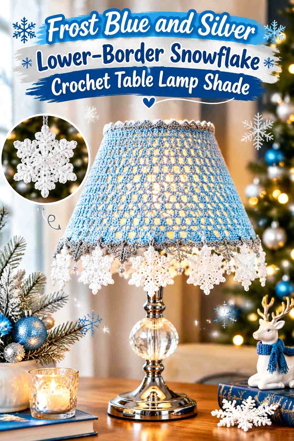Frost Blue and Silver Lower-Border Snowflake Crochet Table Lamp Shade