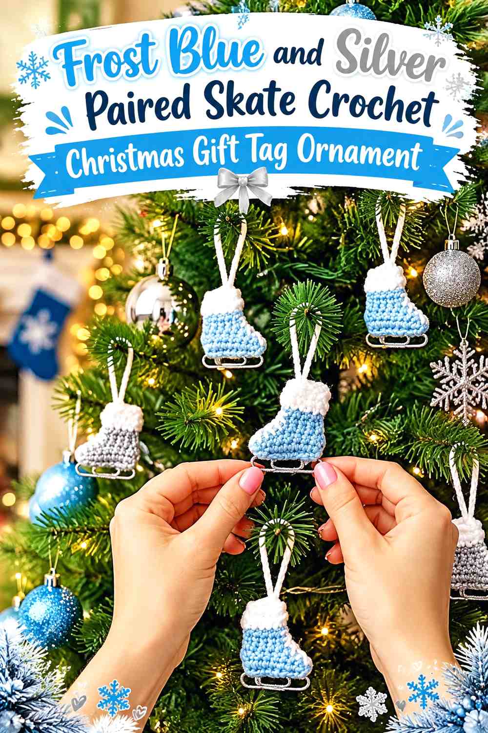 Frost Blue and Silver Paired Skate Crochet Christmas Gift Tag Ornament