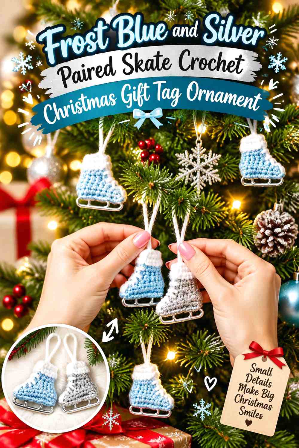 Frost Blue and Silver Paired Skate Crochet Christmas Gift Tag Ornament
