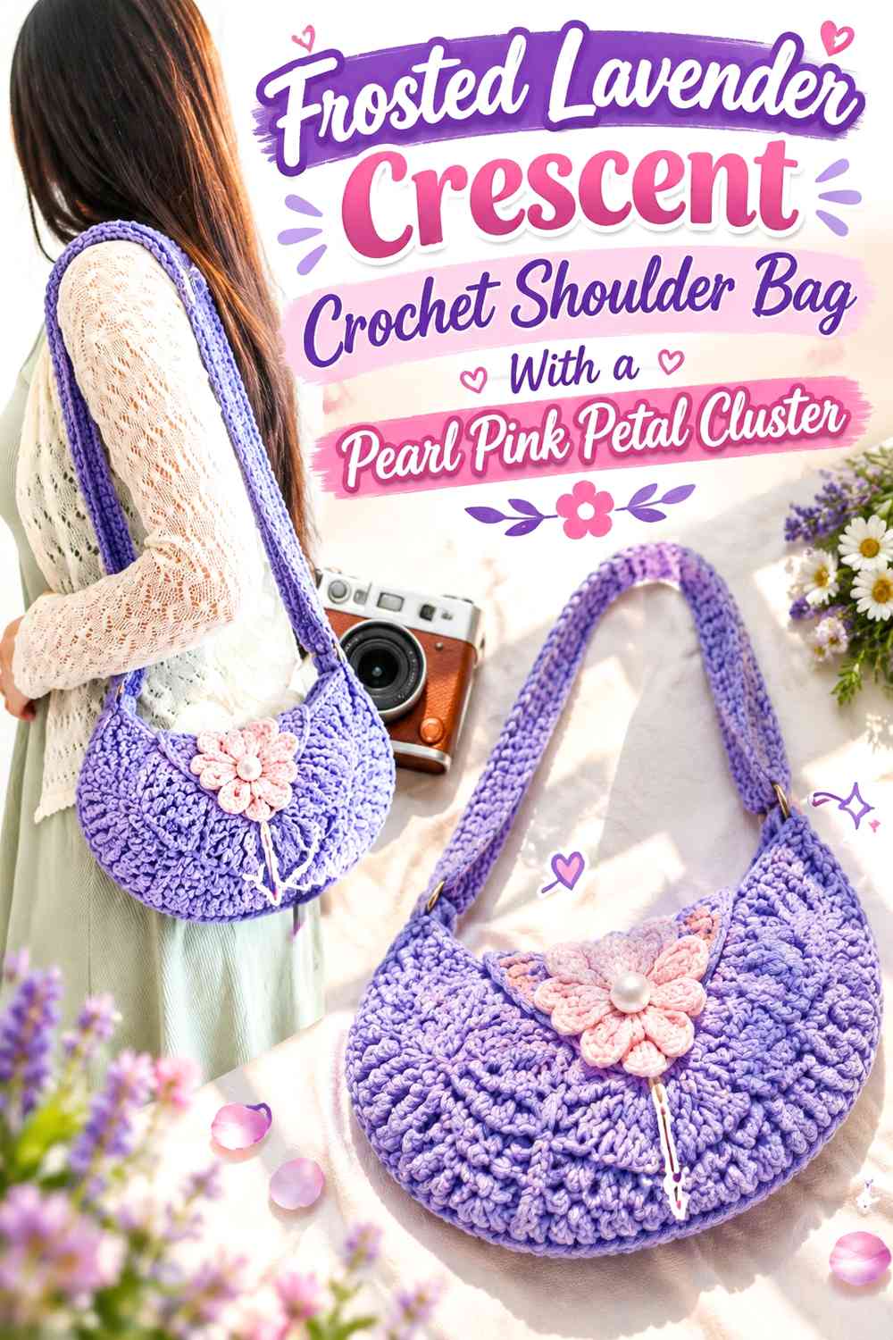 Frosted Lavender Crescent Crochet Shoulder Bag With a Pearl Pink Petal Cluster