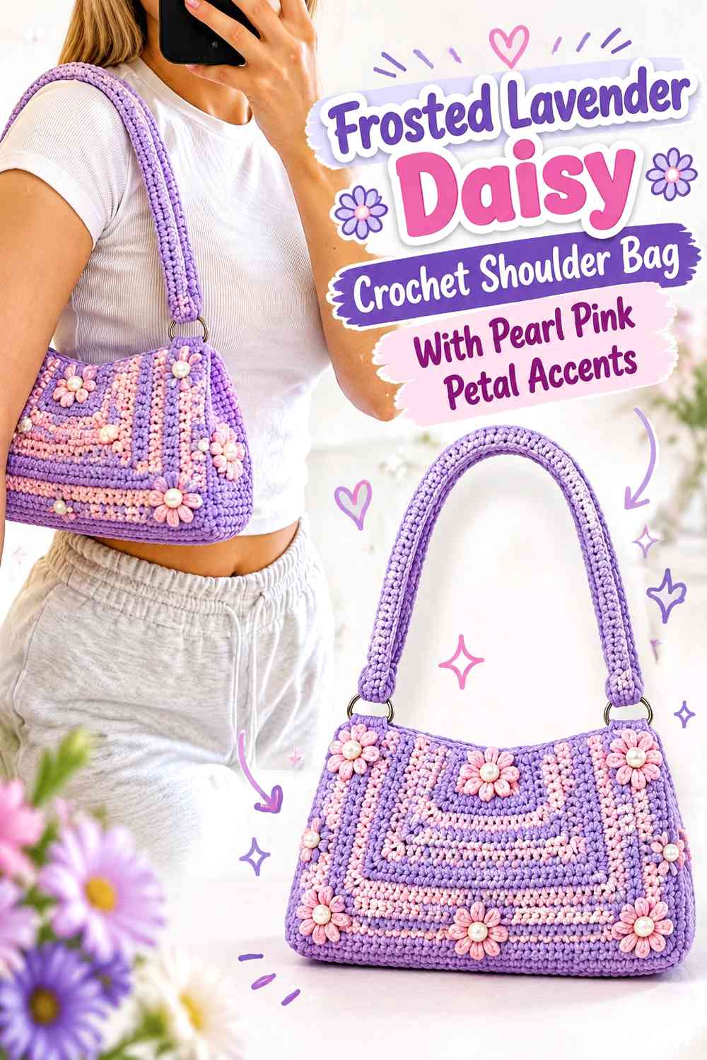 Frosted Lavender Daisy Crochet Shoulder Bag With Pearl Pink Petal Accents